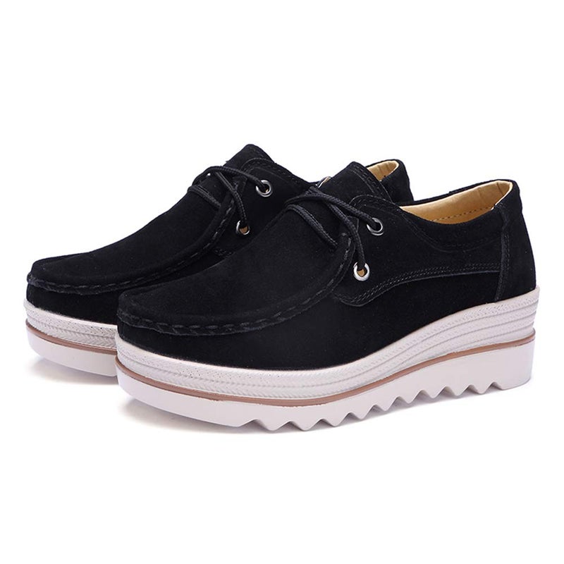 Ruiatoo Women Platform Lace Up Loafers Comfort Genuine Suede Wedge Shoes Low Top Moccasins (3089,Black 35) - Image 5